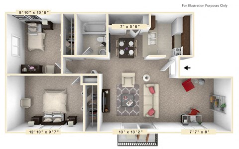 Floor plan for 2 beds, 1 bath, 759 sqft